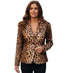 Leopard Blazer Petite 6P Velvet Feel Brown Tan Animal Print EUC
